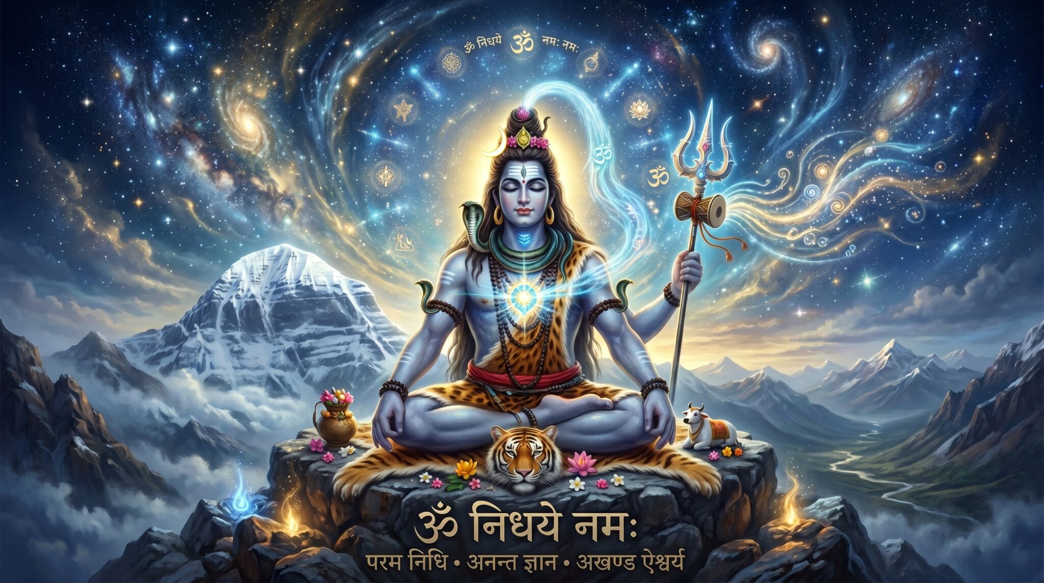 ॐ निधये नमः| कोषस्वरूप, परम निधि, अखण्ड ऐश्वर्य के अधिपति