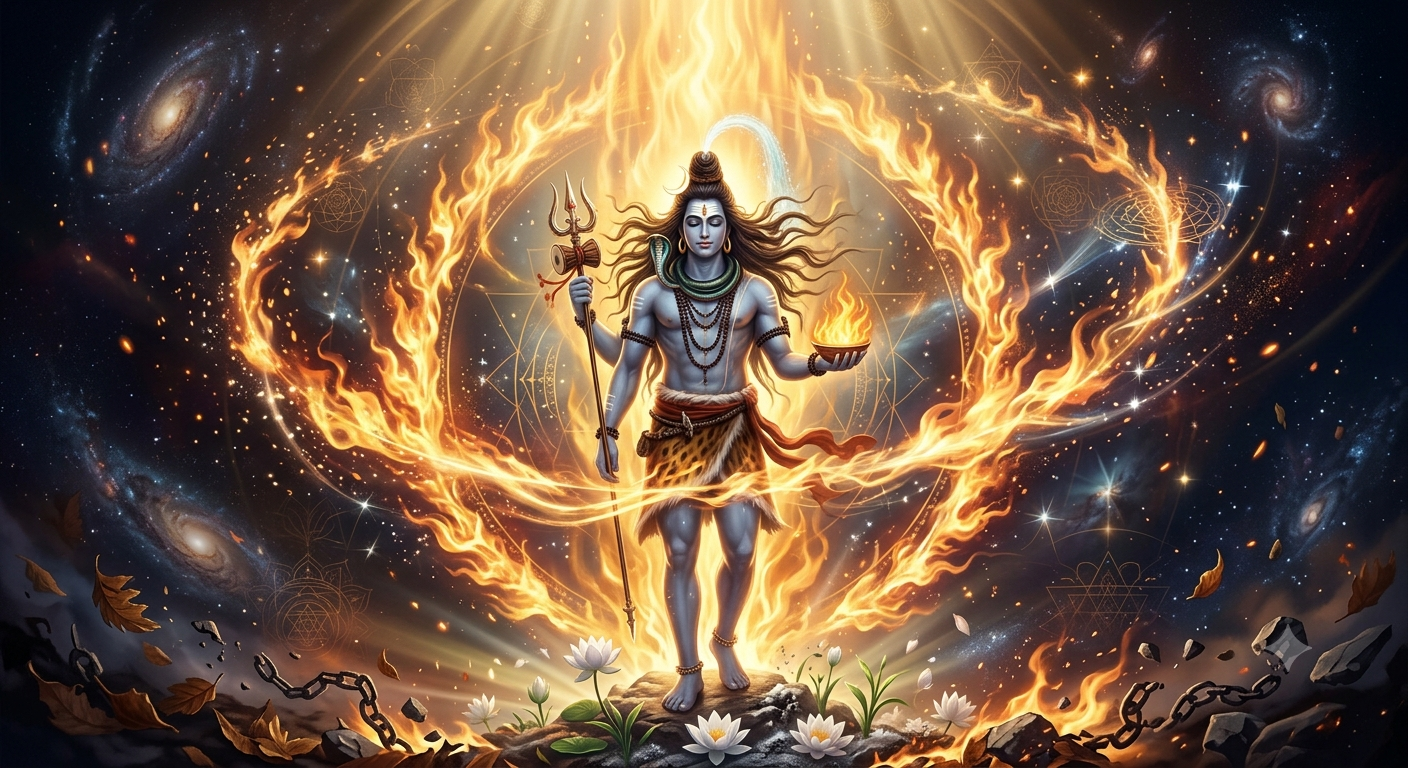 अनन्त अग्निज्वाला के मध्य विराजमान भगवान शिव, ज्योतिर्लिङ्ग, दिव्य अग्नि, ब्रह्माण्डीय प्रकाश तथा रूपान्तरण और शुद्धि का प्रतीक।