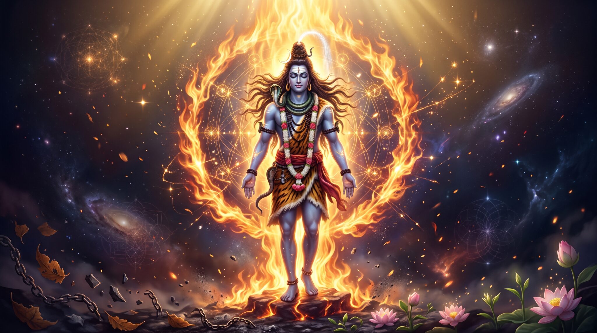 दिव्य अग्नि-वलय के मध्य विराजमान भगवान शिव, ब्रह्माण्डीय ज्योति, आत्मशुद्धि, ज्ञान, रूपान्तरण और नवजीवन का प्रतीक।