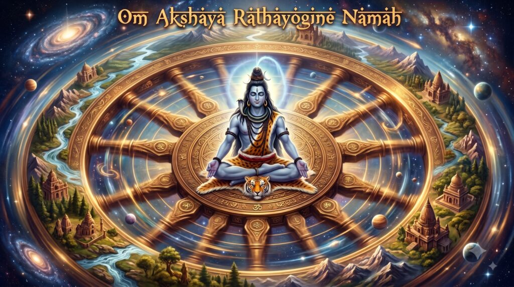 ॐ अक्षाय रथयोगिने नमः — सृष्टि-रूपी चक्र की अचल धुरी पर ध्यानमग्न भगवान शिव, जिनके चारों ओर सम्पूर्ण ब्रह्माण्ड गतिमान है; शिव के अक्ष, साक्षी और अक्षय स्वरूप का प्रतीकात्मक चित्र।