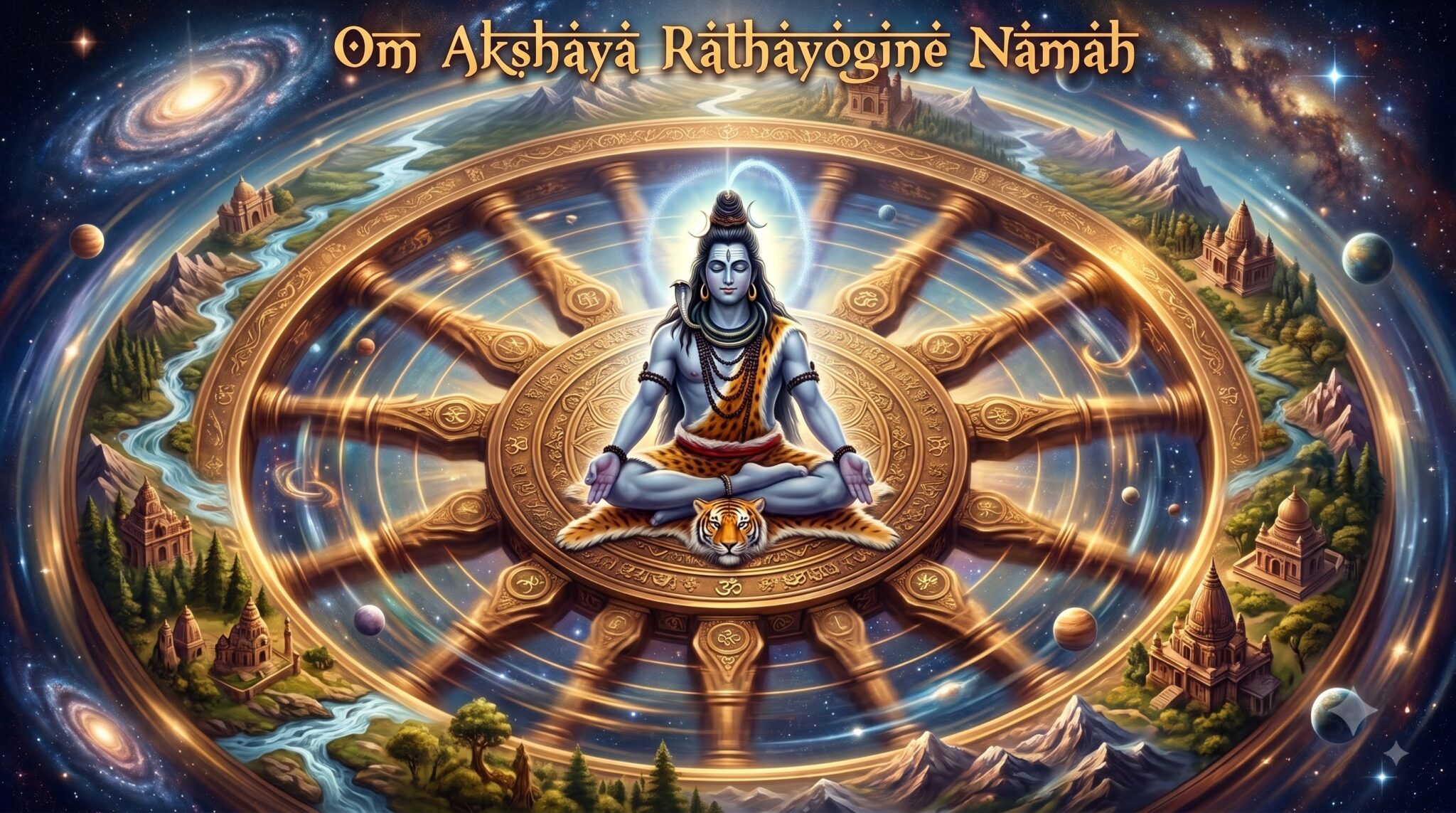 ॐ अक्षाय रथयोगिने नमः — सृष्टि-रूपी चक्र की अचल धुरी पर ध्यानमग्न भगवान शिव, जिनके चारों ओर सम्पूर्ण ब्रह्माण्ड गतिमान है; शिव के अक्ष, साक्षी और अक्षय स्वरूप का प्रतीकात्मक चित्र।