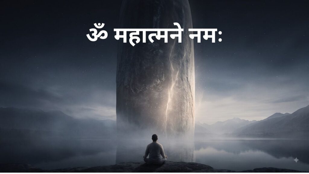 ध्यान में बैठे साधक के सामने धुंध और पर्वतों से घिरा विशाल प्रकाशमान शिवलिंग, जो शिव की असीम आत्म-महत्ता और अनन्त चेतना का प्रतीक है।