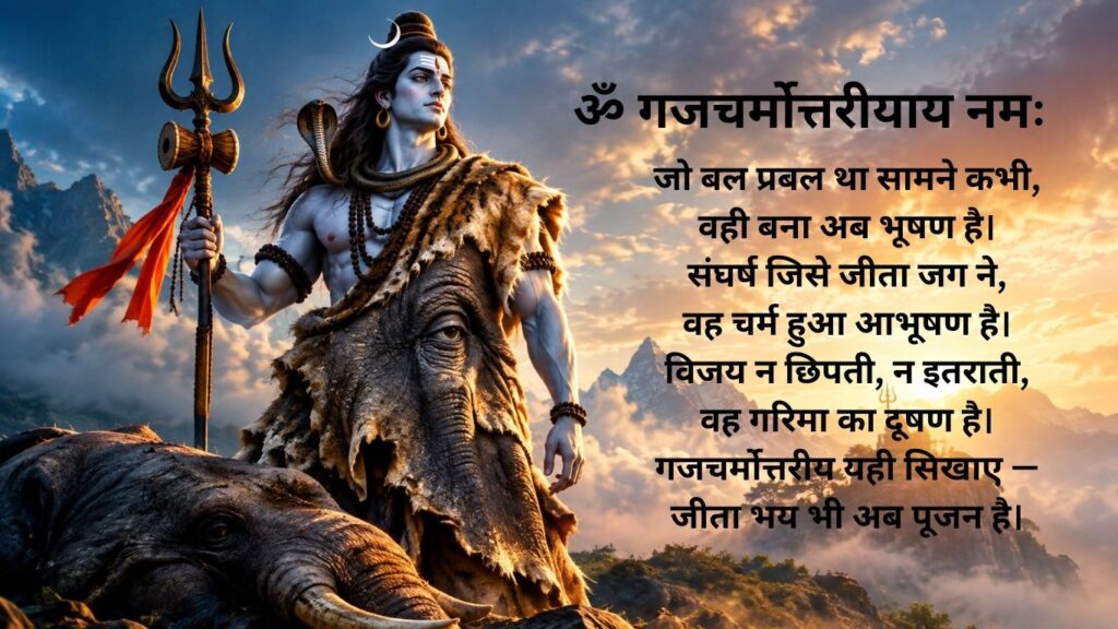 भगवान शिव गजचर्म को उत्तरीय के रूप में धारण किए हुए, जो अहंकार पर विजय का प्रतीक है