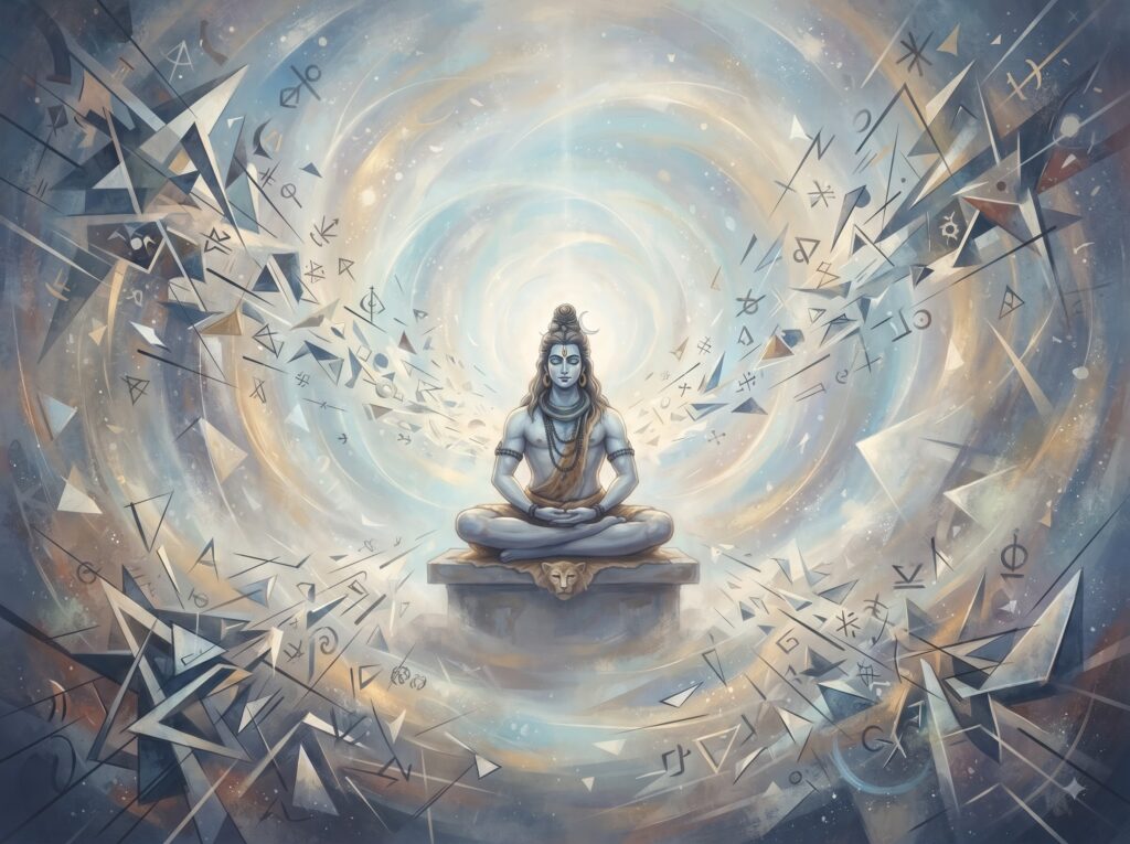 ध्यानस्थ शिव के चारों ओर विभाजित मानसिक प्रतीक एक अखंड प्रकाश में विलीन होते हुए, निर्विकल्प तत्त्व का प्रतीकात्मक दृश्य।