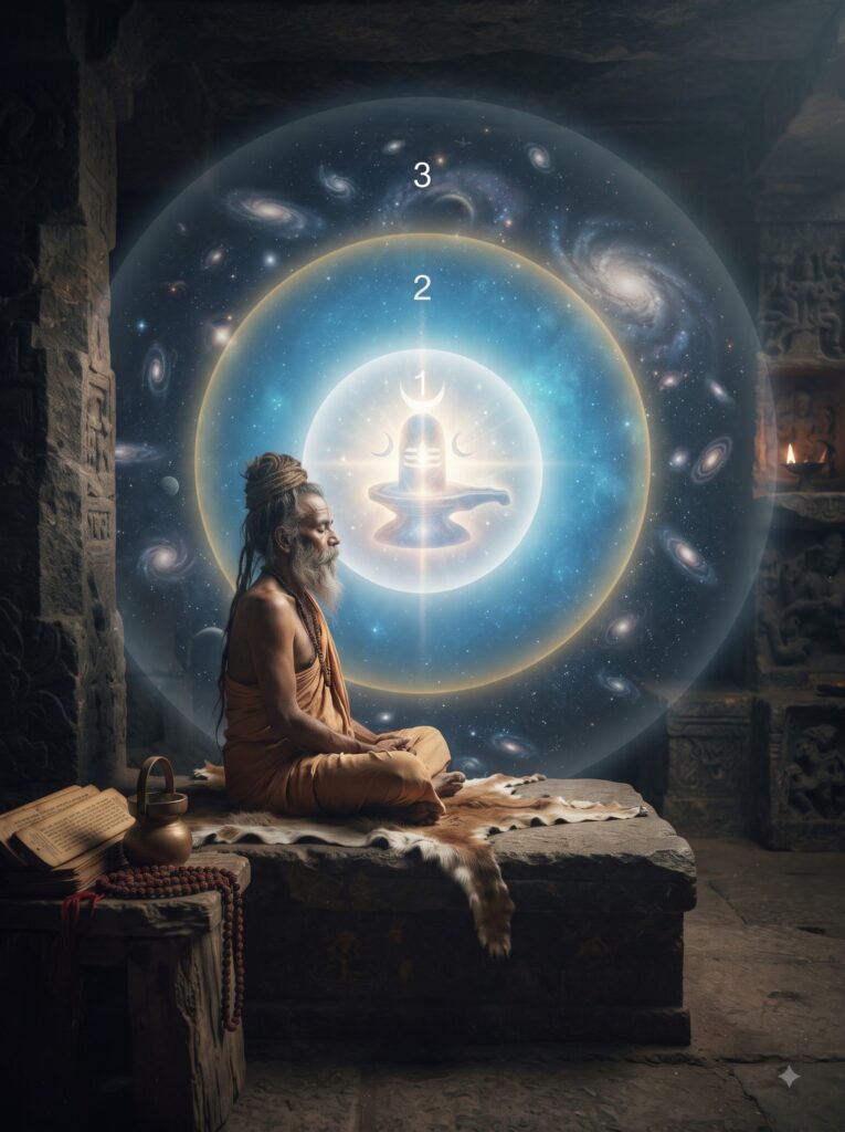 प्राचीन भारतीय दार्शनिक परंपरा का प्रतीकात्मक दृश्य, जिसमें आत्मा, शिव और अद्वैत चेतना को प्रकाश के माध्यम से दर्शाया गया है।