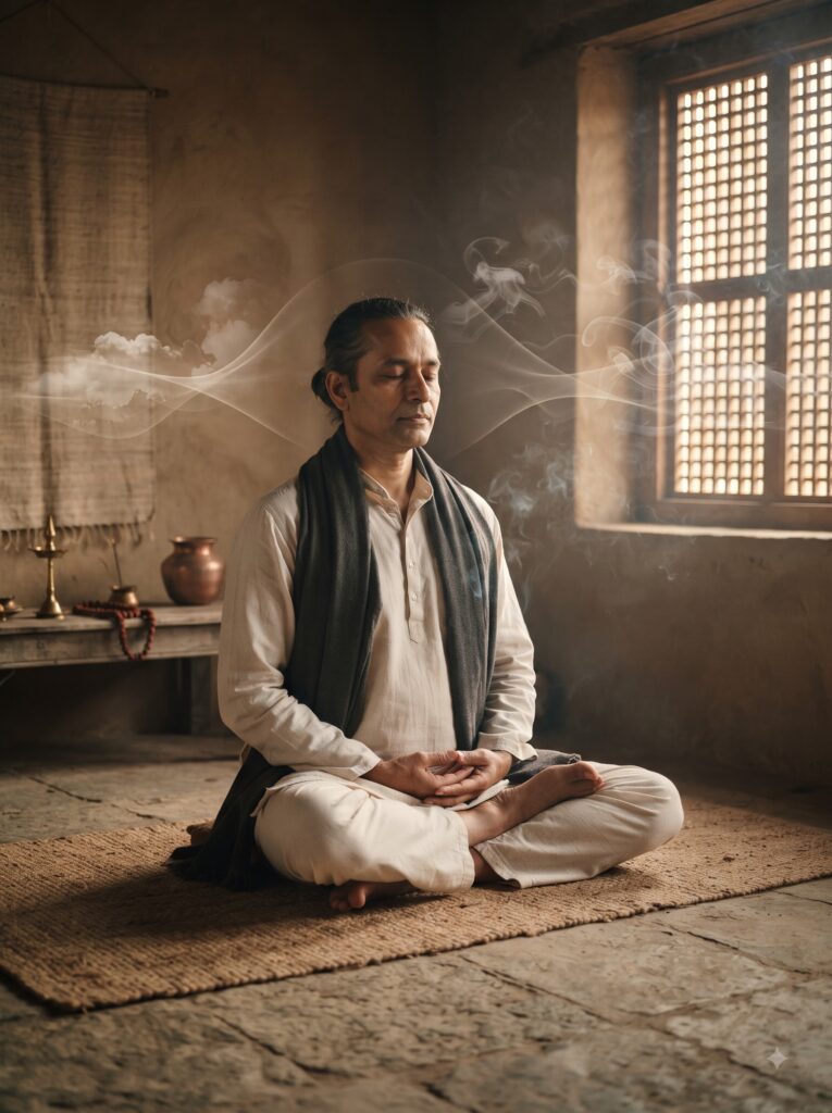 शांत वातावरण में ध्यान करता साधक, जिसके आसपास विचारों के हल्के रूप विलीन होते हुए और आंतरिक स्थिरता का प्रकाश दिखाई देता है।