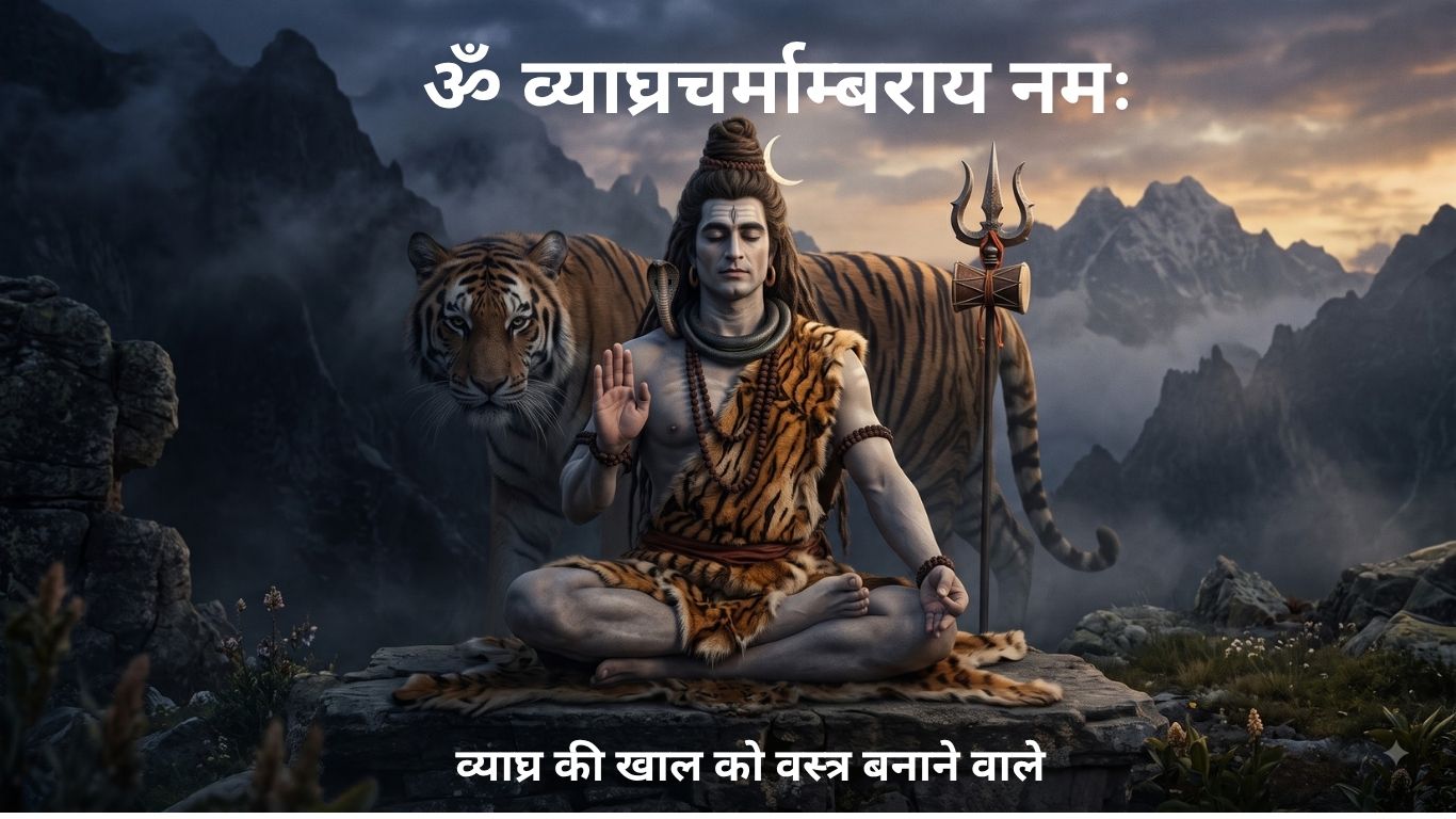 ॐव्याघ्रचर्माम्बरायनमः – व्याघ्र की खाल को वस्त्र बनाने वाले