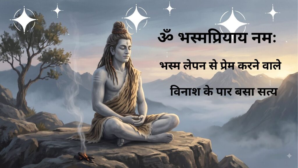 भस्म-लेपित शरीर एवं व्याघ्रचर्म धारण किए ध्यानमग्न शिव हिमालय की चोटी पर भोर के प्रकाश में बैठे हुए