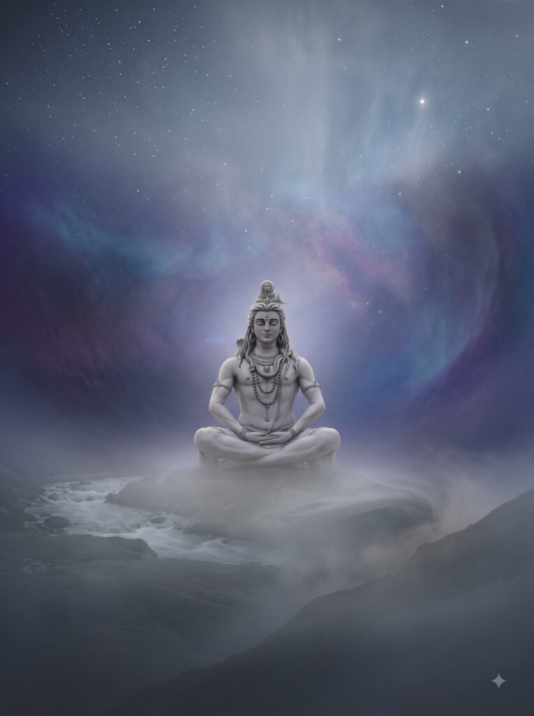 ध्यानस्थ भगवान शिव का शान्त स्वरूप, प्रपञ्च की गतिविधियों से परे अद्वैत और स्थिर चेतना का प्रतीक