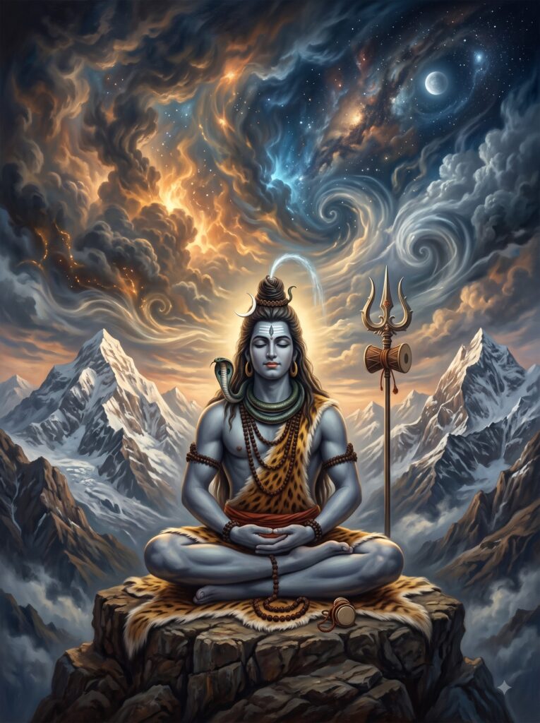 ध्यानस्थ भगवान शिव के चारों ओर गतिशील cosmic forces, रुद्र और शान्त शिवतत्त्व के एकत्व का प्रतीक