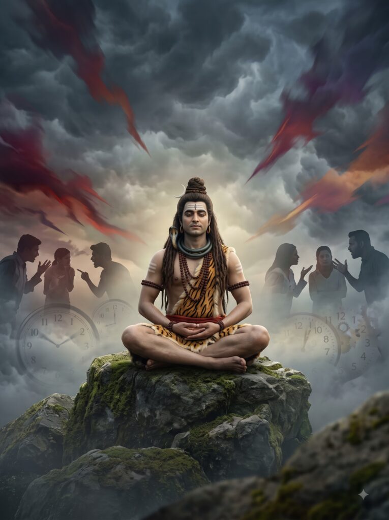 मानसिक अशान्ति और भावनात्मक हलचल के बीच ध्यानस्थ भगवान शिव, आंतरिक स्थिरता और सजगता का प्रतीक