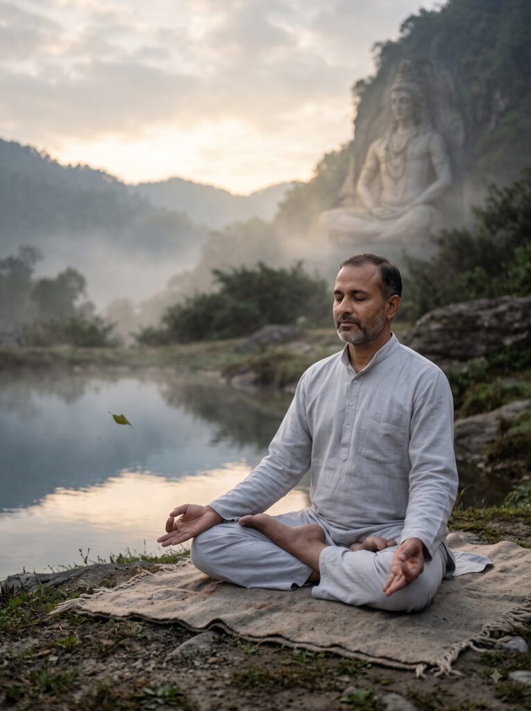 भगवान शिव के शान्त स्वरूप के सामने ध्यान करता साधक, ॐ शान्ताय नमः की साधना और आंतरिक शान्ति का प्रतीक