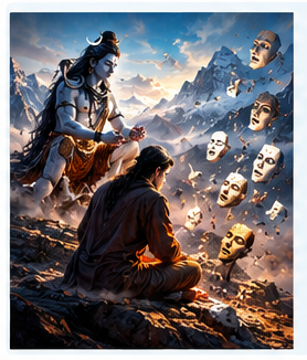 विभिन्न सामाजिक भूमिकाओं और पहचानों के प्रतीकात्मक मुखौटों से दूर खड़े भगवान शिव का दृश्य, जो व्यक्ति के वास्तविक स्वरूप को बाहरी पहचान से अलग दर्शाता है।