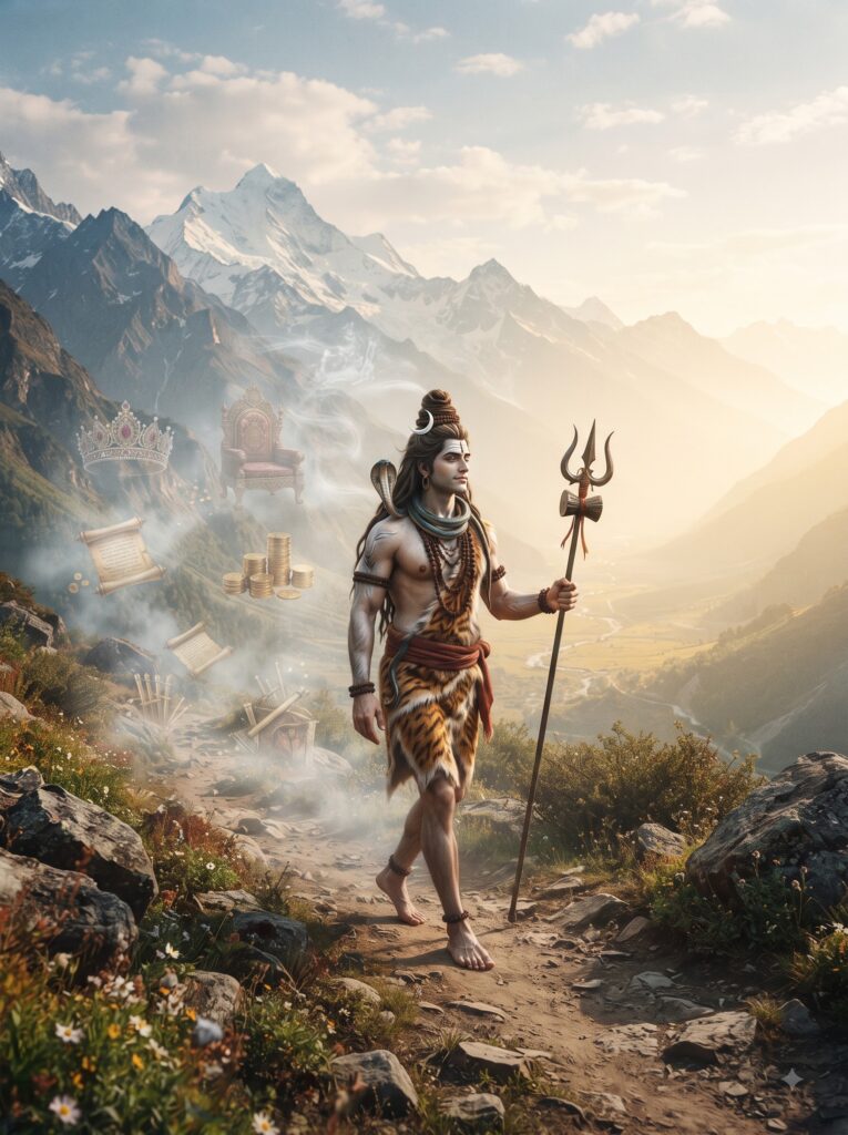 हिमालय में आगे बढ़ते भगवान शिव का प्रतीकात्मक दृश्य, जिसमें सांसारिक पहचान, उपलब्धियाँ और अहंकार पीछे छूटते हुए दिखाई देते हैं।