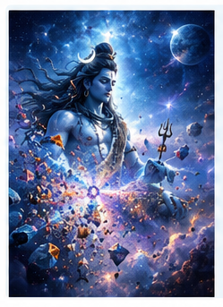 ब्रह्मांडीय वातावरण में भगवान शिव का विराट स्वरूप, जो अद्वैत, योग, सांख्य और कश्मीर शैवदर्शन में वर्णित चेतना के विभिन्न दार्शनिक आयामों का प्रतीक है।