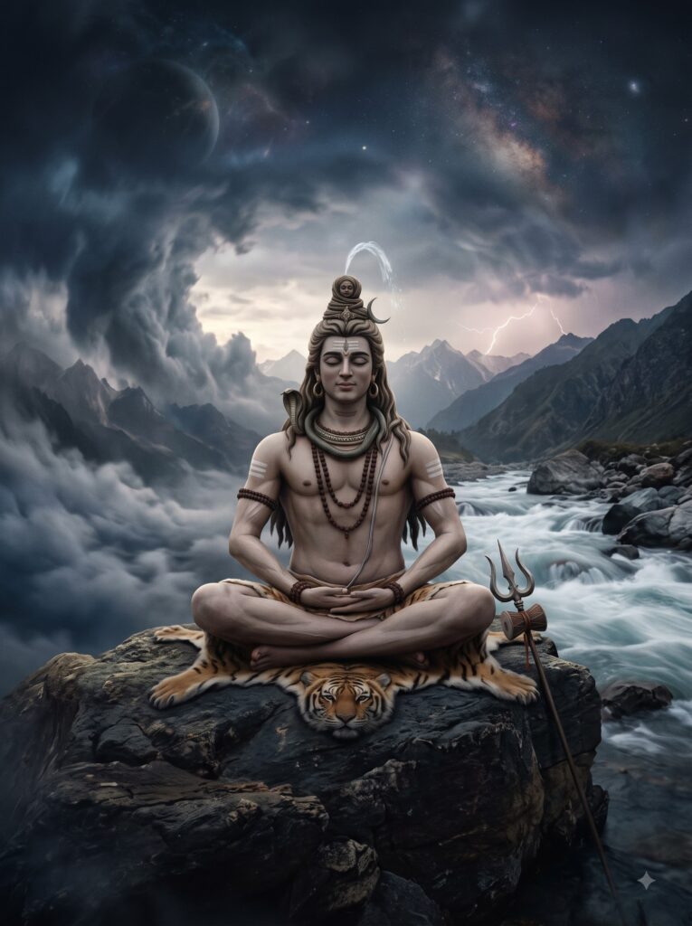 भगवान शिव का रुद्र और शान्त स्वरूप, बाहरी cosmic movement के बीच ध्यानस्थ और अविचल शिव