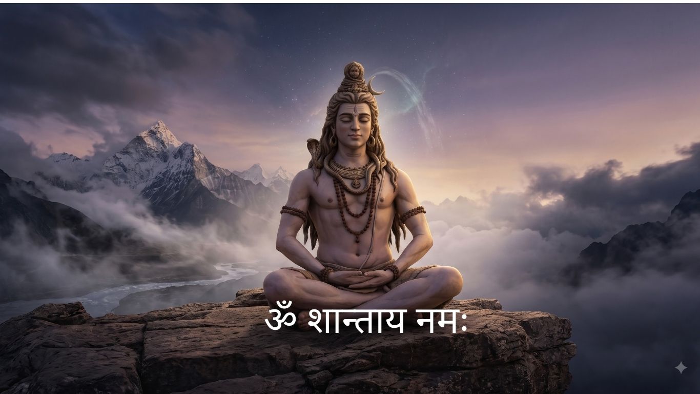 ॐ शान्ताय नमः के प्रतीक रूप में ध्यानस्थ भगवान शिव, हिमालयी वातावरण में आंतरिक शान्ति और स्थिरता का प्रतीक